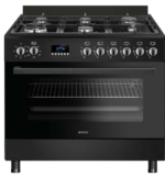 Wiggo WO‑E969R(BB) – Vrijstaand gasfornuis – 90 cm – 6 kookzones met dubbele wokbrander – 110L elektrische oven – Zwart – Elektrische vonkontsteking & vlambeveiliging – Energieklasse B – 5 jaar garantie