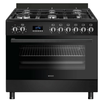 Wiggo WO‑E969R(BB) – Vrijstaand gasfornuis – 90 cm – 6 kookzones met dubbele wokbrander – 110L elektrische oven – Zwart – Elektrische vonkontsteking & vlambeveiliging – Energieklasse B – 5 jaar garantie